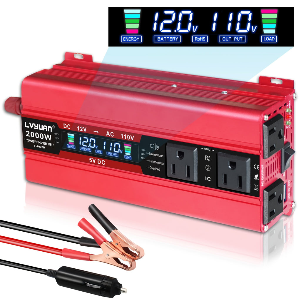 LVYUAN Car Power Inverter 2000W(Peak)1000W 12V to 110V DC to AC with 4 US Sockets, LCD Display, USB Ports for Car, Home, Outdoor, Camping Red