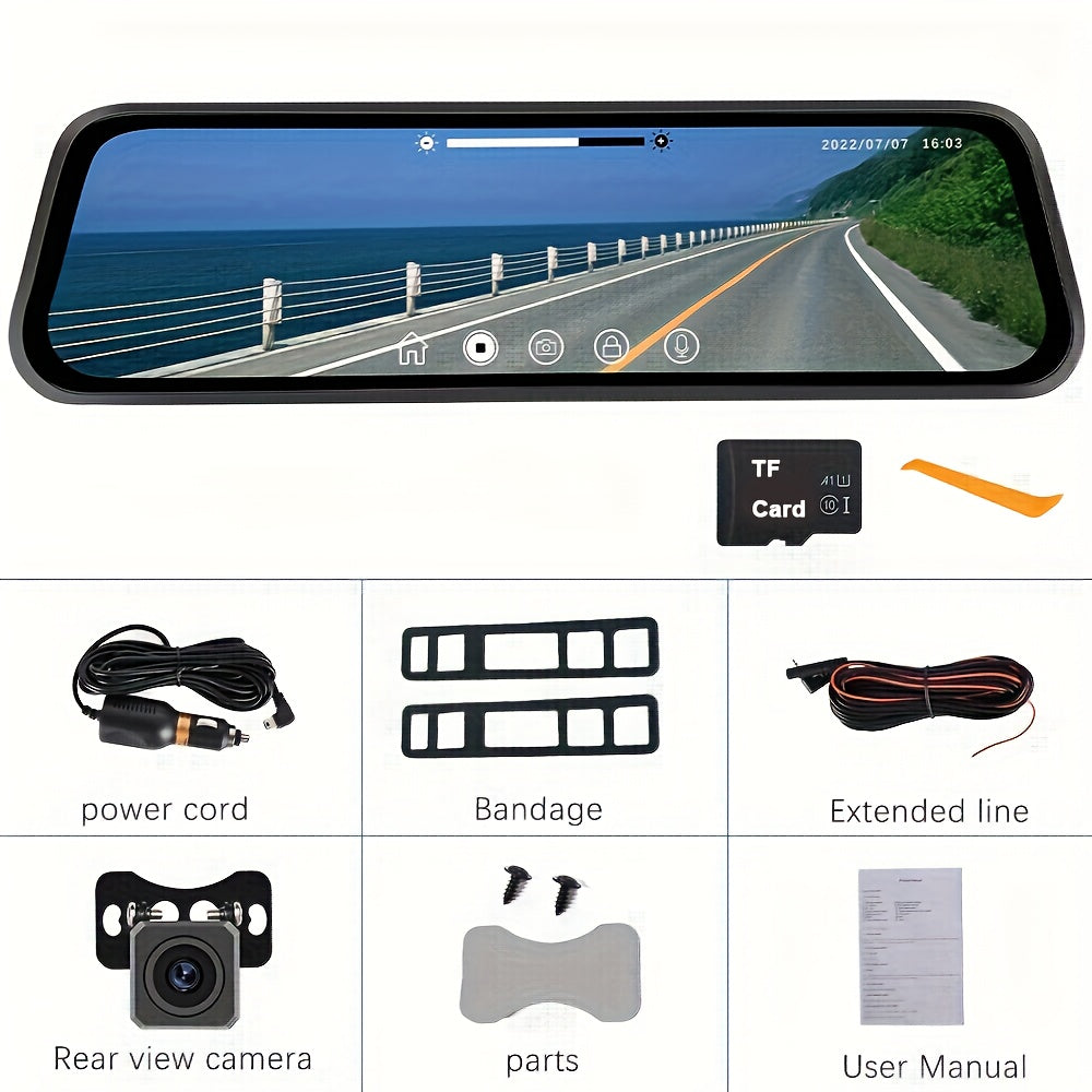 Front And Rear Mirror Dash Camera, Featuring a Rearview Mirror Camera with a TF Card, a 9.66-Inch 1080P IPS Touchscreen, Loop Recording, Wide Angles of 150° And 120°, Night Vision, G-Sensor, And an AHD Backup Camera