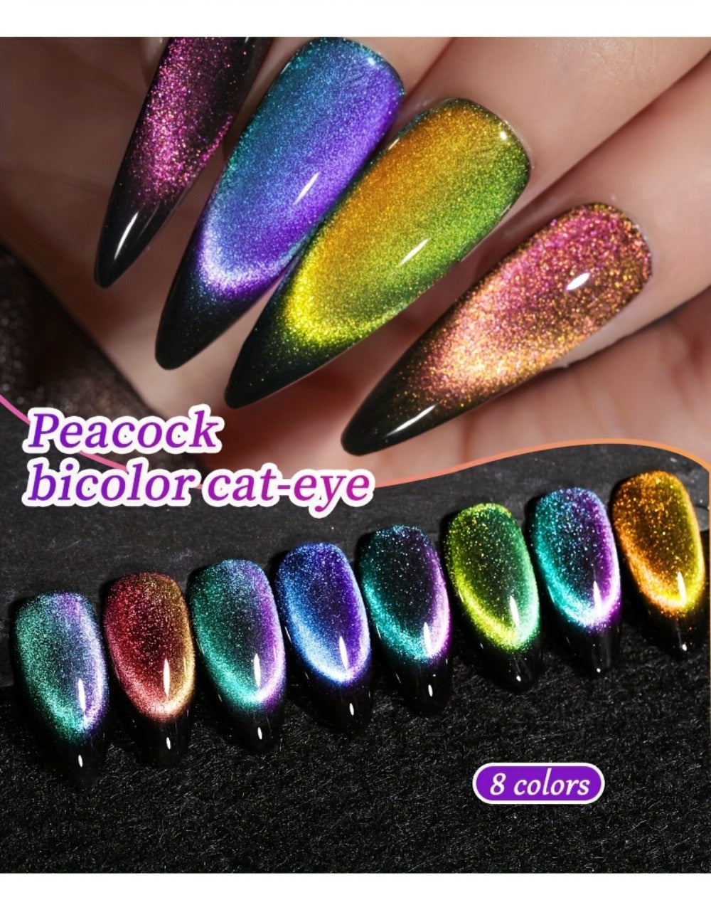 Magnetic Cat Eye Gel Nail Polish Set 8 Colors – Holographic Reflective Peacock Double-Light Effect, LED/UV Soak-Off Gel 0.51oz with Magnet Tool, Salon & Home Nail Art Gift Set for Women