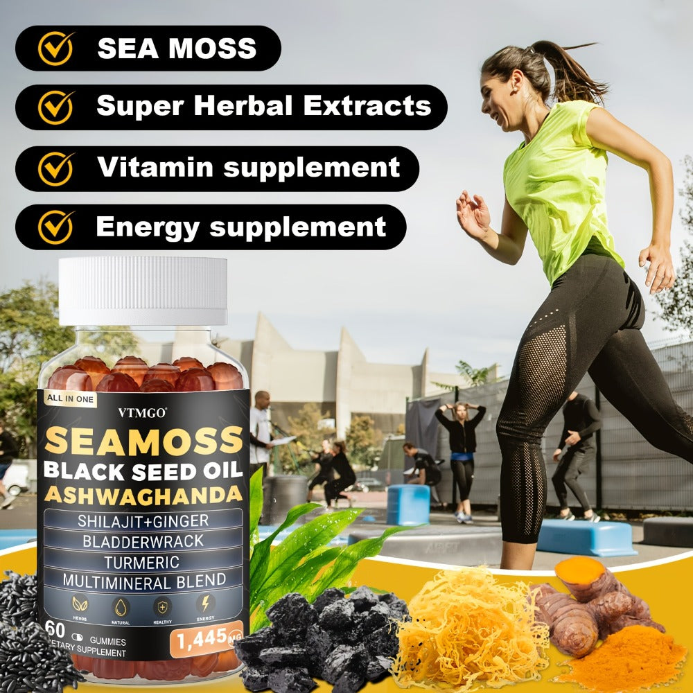 Sea Moss Gummies 1445mg with Shilajit Black Seed Oil Ashwagandha Elderberry Chlorophyll Turmeric Bladderwrack Ginger — 8-in-1 Antioxidant Superfood Supplement for Immunity Energy Gut Health & Wellness 60 Count