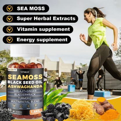 Sea Moss Gummies 1445mg with Shilajit Black Seed Oil Ashwagandha Elderberry Chlorophyll Turmeric Bladderwrack Ginger — 8-in-1 Antioxidant Superfood Supplement for Immunity Energy Gut Health & Wellness 60 Count