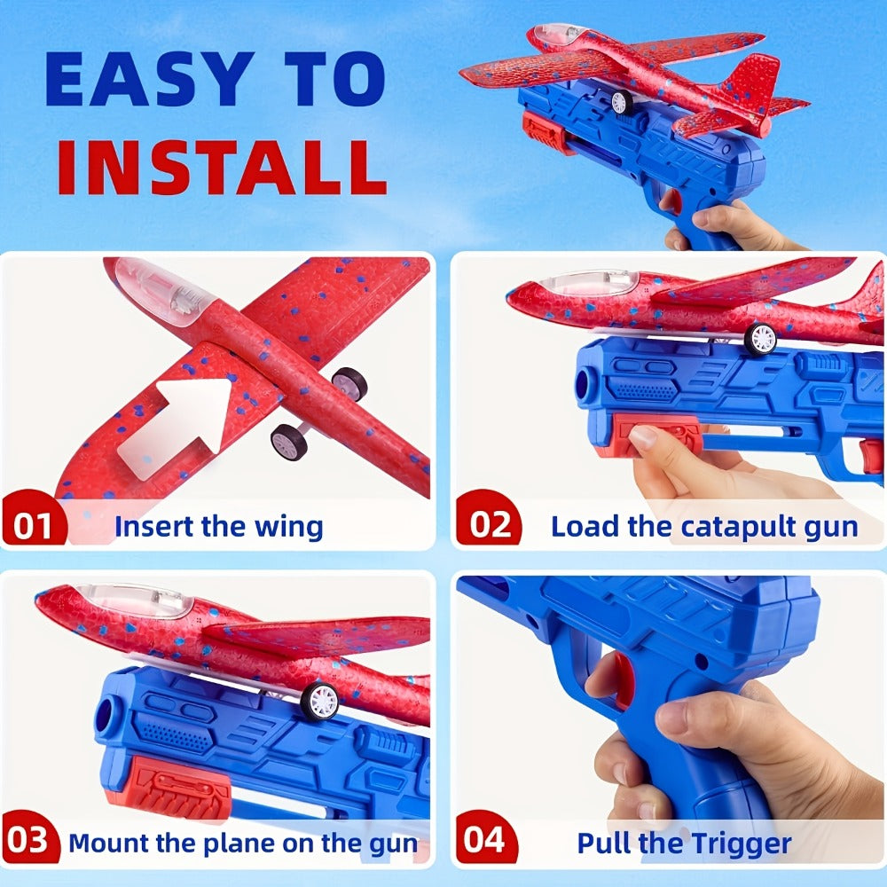Foam Airplane Launcher Toy Set with 3 Foam Planes & Catapult – 2 Flight Modes Outdoor Flying Glider Toy for Kids Boys Girls Ages 3+, Birthday Gift