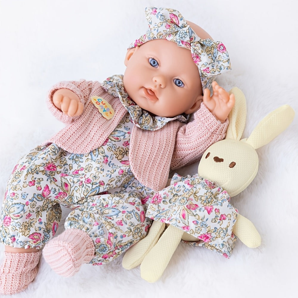 Floral Dress Baby Doll 12 Inch with Rabbit Plush Toy Gift Set – Realistic Vinyl Doll with Floral Outfit, Headscarf, Socks & Bunny Toy, Creative Dress-Up Playset for Girls Ages 3+, Birthday Holiday Gift