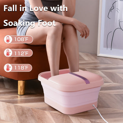 Collapsible Foot Bath Spa Massager with Heat Bubble Jets Massage Rollers LED Light Foldable Pedicure Foot Soak Tub Built-In Scrubber Home Use Gift for Women