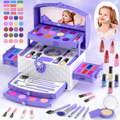 Princess Makeup Set for Girls Ages 3-12 – 58 PCS Non-Toxic Washable Pretend Play Makeup Kit with Brushes & Case | Skin-Friendly Beauty Toy | Best Birthday Christmas Gift for Little Girls
