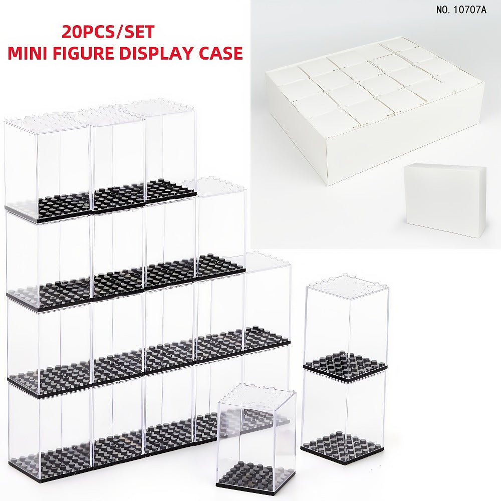 Minifigure Display Case 20-Pack – Clear Acrylic Stackable Storage Boxes for LEGO Figures, Action Figures & Collectibles | Dustproof 360° Showcase, 2.68×1.89×1.89 in