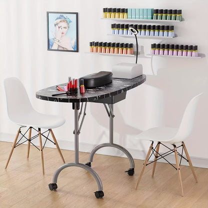 Foldable Nail Table with LED Lamp Drawer Lockable Wheels Wrist Cushion & Carrying Bag – Portable Manicure Station for Nail Salon Technician Home Studio White