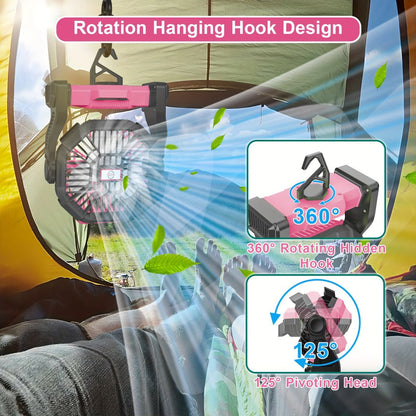 Camping Fan with LED Lantern, 3-in-1 Battery Powered Portable Fan Light for Tent Outdoor, Rechargeable Electric Fan with Timer 360° Rotation, for Camping Hiking Barbecue Travel Emergency