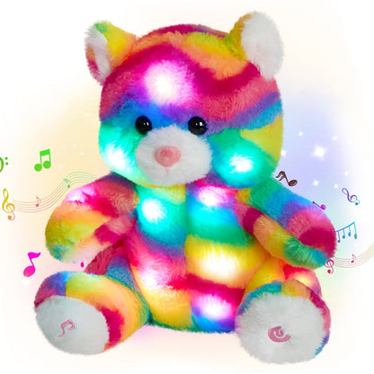 Glow in the Dark Rainbow Cat Plush Toy with Music — Kawaii Glowing Kitty Stuffed Animal Night Light Companion for Kids Girls, Birthday Mother's Day Christmas Valentine Gift for Cat Lovers