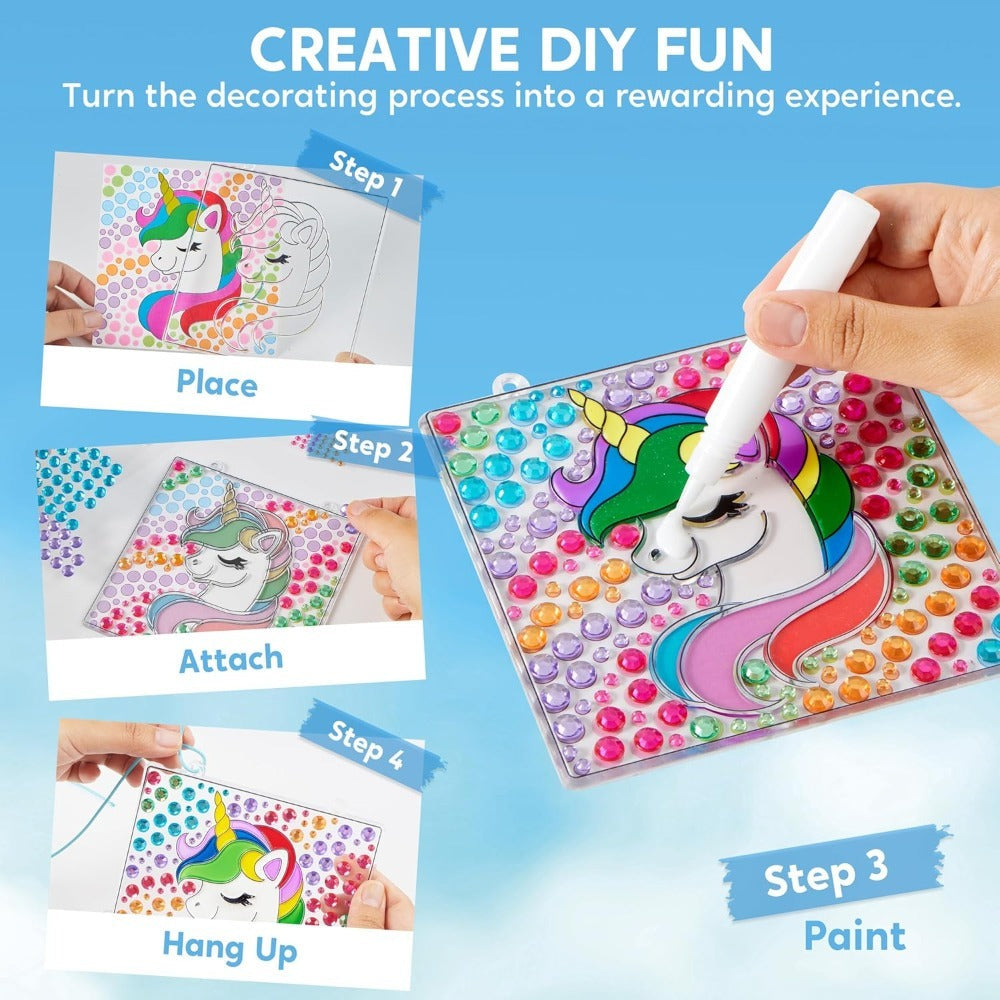 Suncatcher Painting Kit 4pcs for Kids – 2-in-1 Window Art with Gem Stickers & Paint Pens, Butterfly Unicorn Rainbow Sun Designs, Arts Crafts Activity for Girls Boys Ages 6+ Birthday Christmas Gift