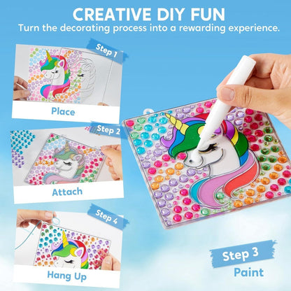 Suncatcher Painting Kit 4pcs for Kids – 2-in-1 Window Art with Gem Stickers & Paint Pens, Butterfly Unicorn Rainbow Sun Designs, Arts Crafts Activity for Girls Boys Ages 6+ Birthday Christmas Gift