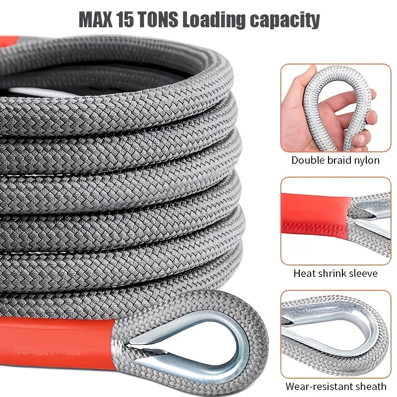 Heavy-duty Tow Rope and Tow Hook Combo Set in 3 Sizes, 196.85-inch Nylon Recovery Rope (5 Ton / 18 Ton / 20 Ton), with 2 Steel U-shaped Hooks and a Storage Bag, Suitable for Truck, SUV, UTV, ATV Off-road Recovery