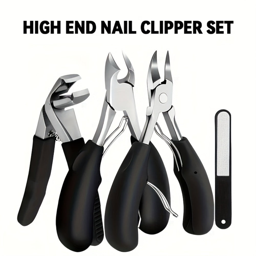 Heavy Duty Nail Clippers Set 4 Pack - Angled Stainless Steel Wide Mouth with Built-In Nail Catcher Mess-Free Thick Nail Trimmer for Men Women Seniors Fingernails Toenails Grooming Kit