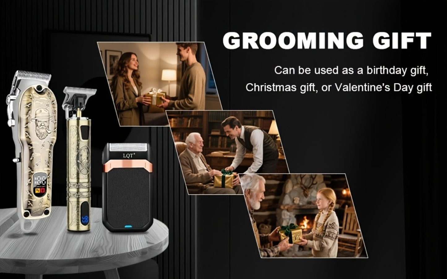 Electric Hair Clipper Set for Men - LQT USB Rechargeable 2000mAh with Engraving Scissors Metal Digital Display Cordless Barber Kit 2 3 4 Piece Home Salon Bronze Gift