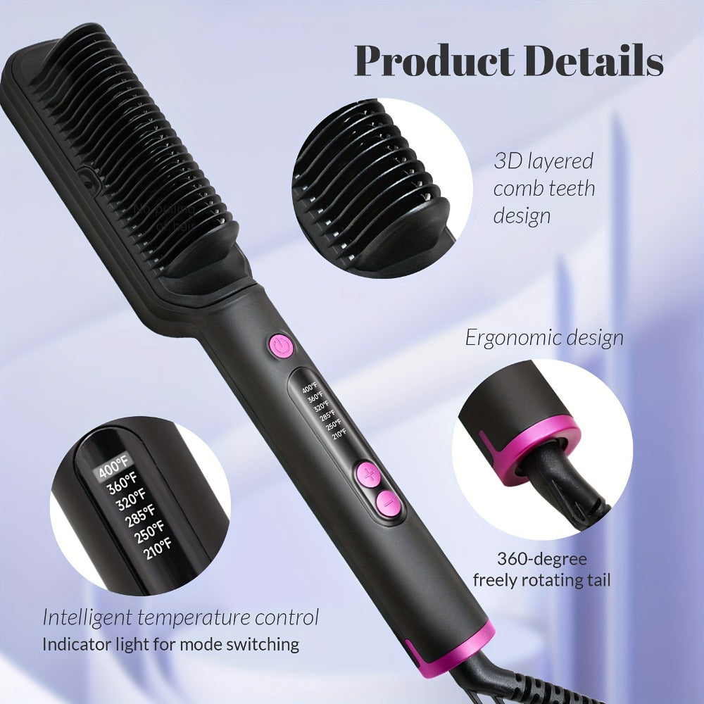 6-Setting Ionic Hair Straightener Brush with Fast Heat-Up & Anti-Scald Protection – Precise Temperature Control Flat Iron Straightening Comb for Women, All Hair Types, Home & Salon Use