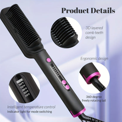 6-Setting Ionic Hair Straightener Brush with Fast Heat-Up & Anti-Scald Protection – Precise Temperature Control Flat Iron Straightening Comb for Women, All Hair Types, Home & Salon Use