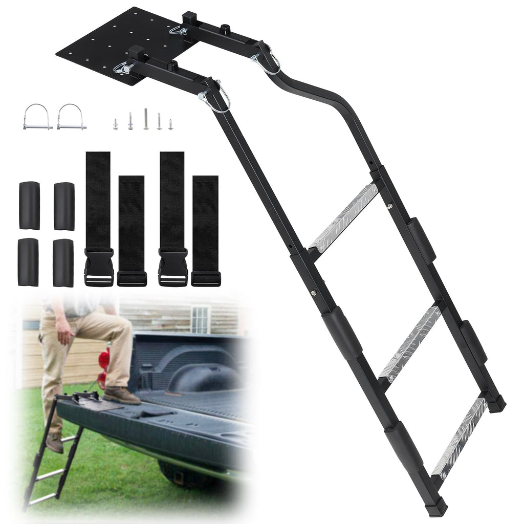 Heavy-Duty Foldable Rear Ladder for Pickup Trucks with Anti-Slip Steps, Adjustable Height, And Universal Fit for Ram, for Ford, Chevy, And for GMC. Easy to Install with Four Screw Options.
