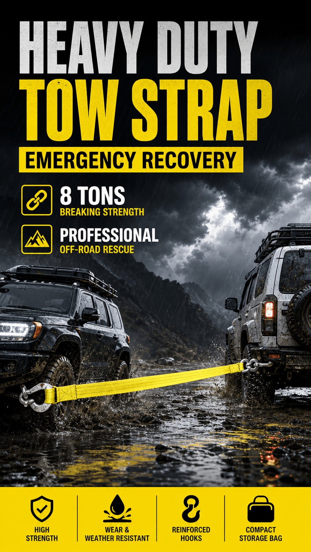 Heavy-Duty Trailer Winch Strap, 4 Meters 13 Feet, 1.3 Tons, 11, 000 Pounds Capacity, Equipped with Forged Steel Hook, Suitable for Emergency Vehicle Rescue Ropes for SUV Trucks, Pickup Trucks, Etc., Essential Kit for Off-Road Rescue Towing Equipment