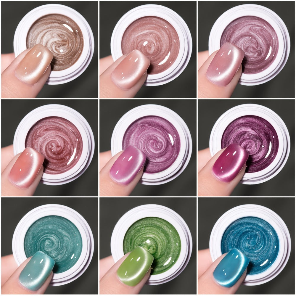 Cat Eye Gel Polish Set 9 Colors MORDDA Glass Bead with Magnet — Sparkling Multi-Color Shifting UV LED Alcohol-Free Magnetic Nail Gel in White Jars for Salon & DIY Nail Art Gift for Women