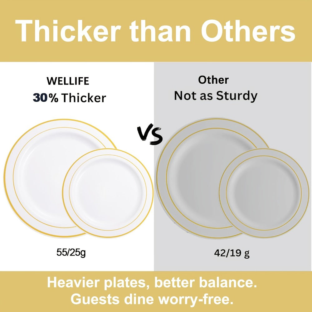 Gold Plastic Plates Disposable Dinnerware Set 350pcs – 50 Dinner Plates, 50 Dessert Plates, 50 Gold Rim 9oz Cups & 50 Gold Cutlery Sets | Elegant Party Tableware for Wedding, Birthday & Holiday Events