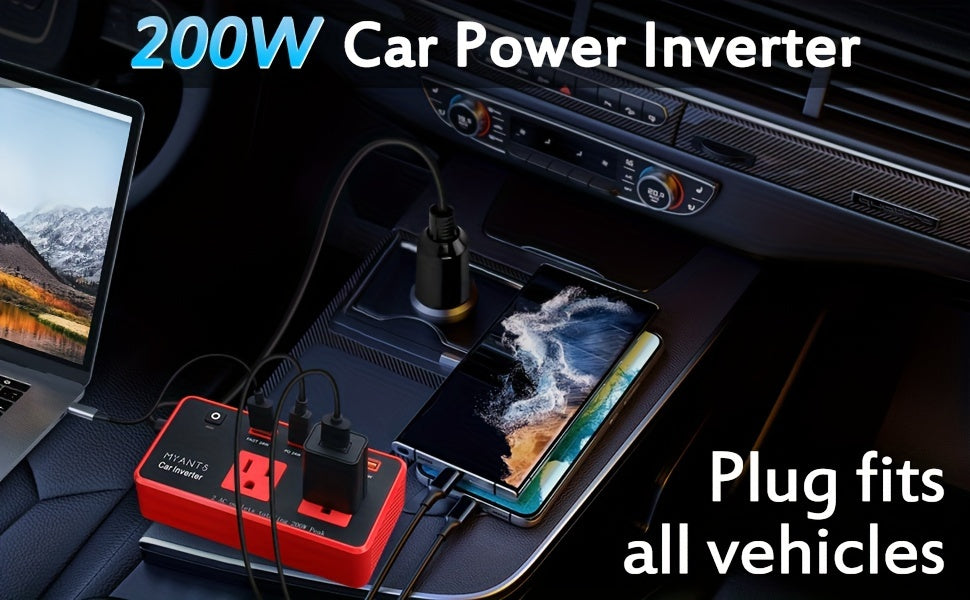 Car Power Inverter 200W, 12V DC to 110V AC Converter Car Outlet Adapter Outlet Fast Car Charger 4 USB Ports 24W [PD & QC 3.0 USB C USB A] Type C Vehicle Power Supply Car Plug Outlet for Road Trips, Camping, Without Battery