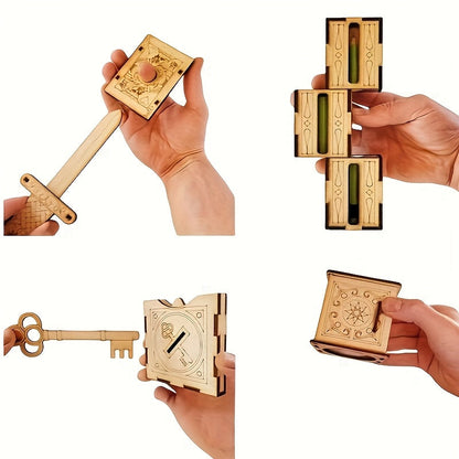 Wooden Magic Trick Set 4-Piece Kit – STEM Magic Puzzles with Sword Finger, Coin & Key Penetration, Magic Pencil Box | Birch Wood Illusion Props for Stage & Party, Unique Gift for Kids Adults