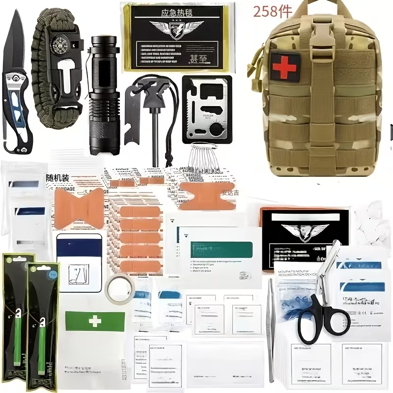 Outdoor Survival Gear Set 11/13/258-Piece – Professional Emergency Kit with Fire Starter & Compass | Multi-Tool Outdoor Equipment for Camping, Hiking & Adventure
