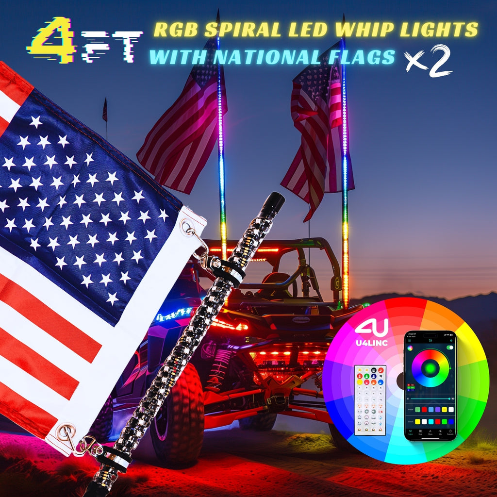 1 Pair (2pcs) 1ft/2ft/3ft/4ft Brighter RGB LED Whip Lights Flag Pole Remote And APP Control Color Changing Lamp Spiral RGB Music Chasing/Dancing Neon Light Whips for UTV ATV RZR SXS Side By Side Dune Buggy Offroad Truck (w/o Spring Base)