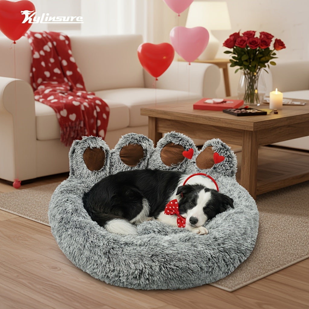 Dog Bed Cat Bed Bear Paw Shaped Donut – Calming Round Plush Pet Mattress, Warm & Soft Cuddler Bed for Dogs and Cats, Includes Pet Scarf, Sizes S to 2XL, Colors: Coffee, Pink, Grey, Brown