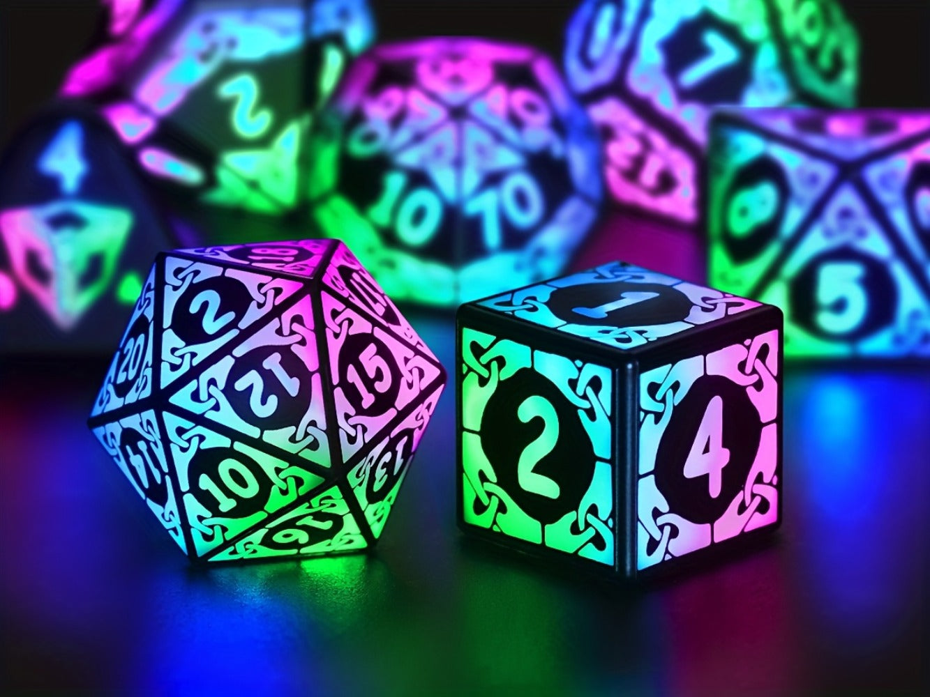 LED Dice Set 7pcs Wireless Rechargeable Light Up – Colorful Glowing Polyhedral Dice with Charging Box, D4 D6 D8 D10 D12 D20 for DnD RPG Tabletop Games, Gamer Gift Halloween Christmas Birthday