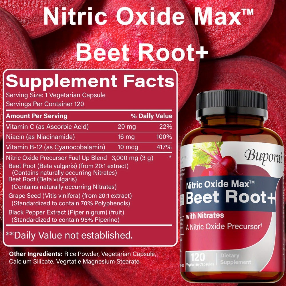 Nitric Oxide Beet Root Supplement with Beet Root Powder, Nitrates, Black Pepper & Antioxidants - Supports Blood Pressure, Heart Health & Nitric Oxide Production - 120 Capsules