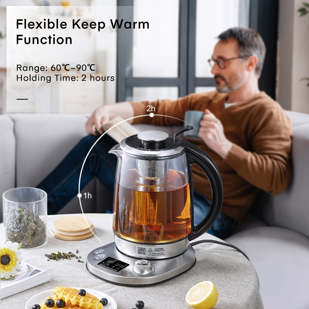 Electric Tea Kettle with 9 Temperature Control Presets – 1.7L Borosilicate Glass Kettle, 1200W, Removable Infuser, 2-Hour Keep Warm, Stainless Steel Hot Water & Tea Pot for Home & Office