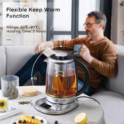 Electric Tea Kettle with 9 Temperature Control Presets – 1.7L Borosilicate Glass Kettle, 1200W, Removable Infuser, 2-Hour Keep Warm, Stainless Steel Hot Water & Tea Pot for Home & Office