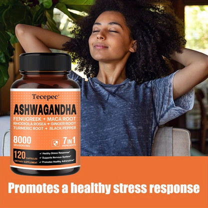 Ashwagandha Capsules 7-in-1 Adaptogen Blend 120ct with Maca Root Rhodiola Rosea Ginseng — Natural Stress Relief Cortisol Support Energy Focus Nerve Health Supplement for Men Women 1 & 2 Bottle