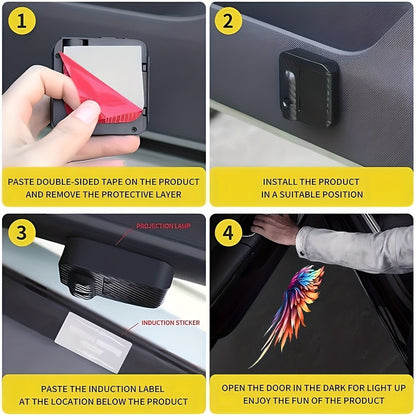 Angel Wings Car Door LED Projector Light 4 Pack - Colorful Welcome Courtesy Shadow Puddle Lights, Battery Powered Easy Install, Car Motorcycle Decorative Door Step Light