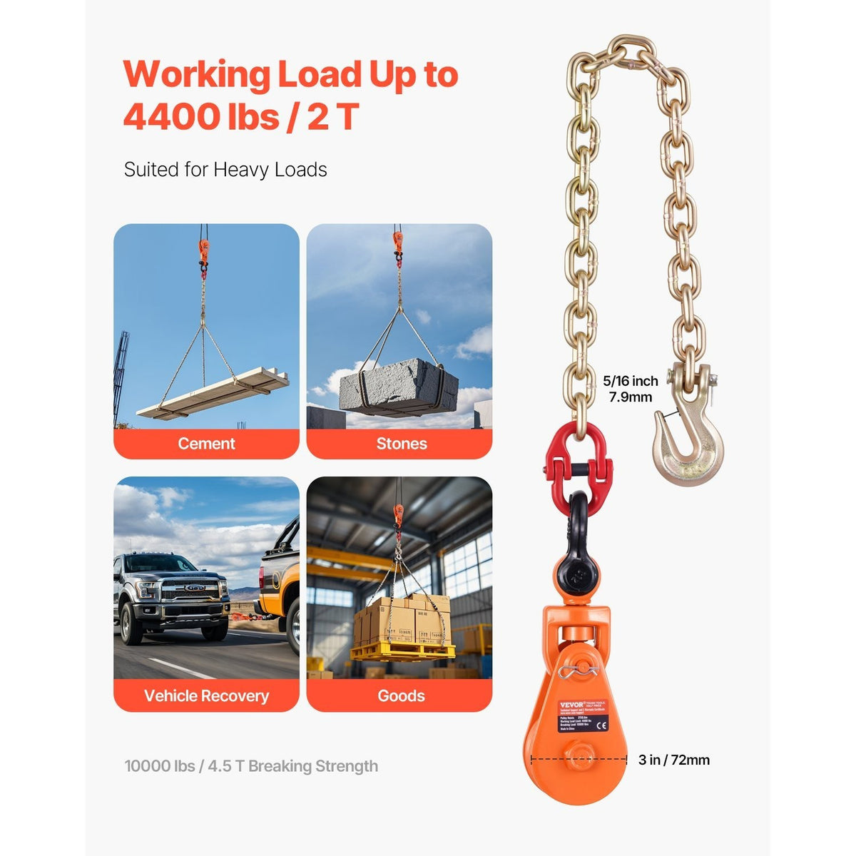 VEVOR 2 Ton 3" Snatch Block with Chain Flatbed Tow Truck Rollback Car Carrier Cable