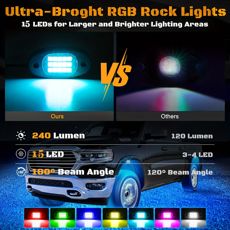 8pcs And 4pcs - 15 LED/8 Pods Metal Alloy Upgraded LED Rock Lights, Suitable for Trucks, RGB LED Rock Lights with APP/music Mode, Suitable for Jeeps, Trucks, UTVs, SUVs And Golf Carts, Neon Light Chassis Kits for Backlights, Car Accessories