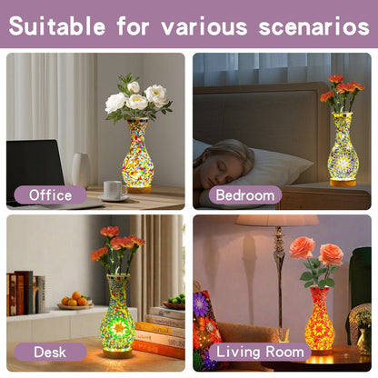 Mosaic Vase Lamp Turkish Moroccan Handmade Colorful Glass Table Lamp with Wooden Base – USB Plug-In Boho Night Light, Flower Vase Lamp for Bedroom Living Room Decor, Bohemian Mosaic Desk Lamp Gift