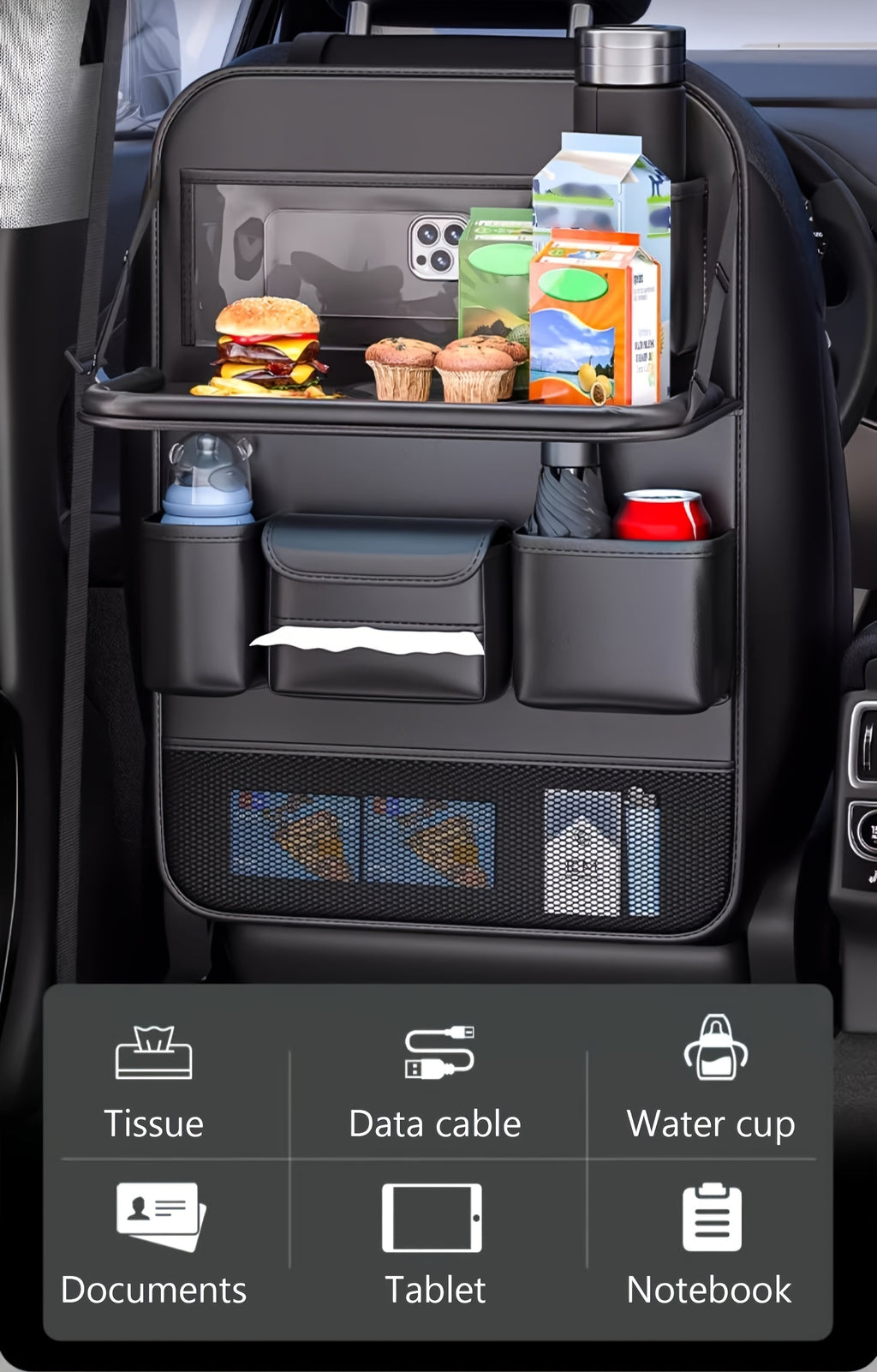 Faux Leather Premium Car Seat Back Organizer Travel Additions Seat Storage Bag Back Seat Dining Table And Cup Holder Universal Model