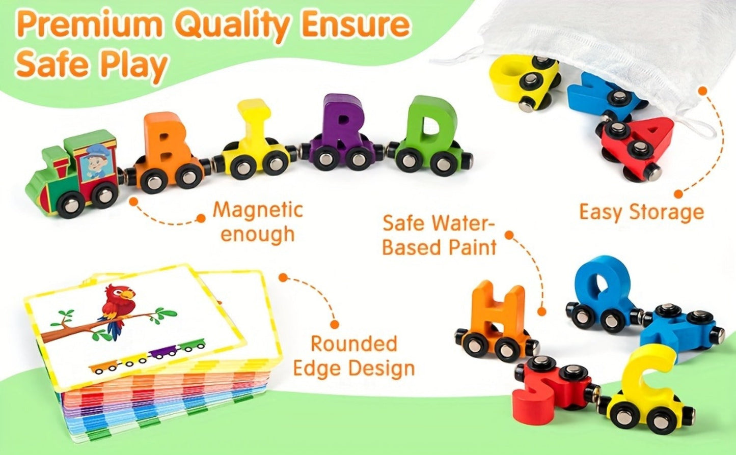 Magnetic Wooden Alphabet Train Set 27PCS ABC Letter Learning Toy with 42 Double-Sided Flash Cards, Engine & Storage Bag – Educational STEM Gift for Boys & Girls Ages 3-6