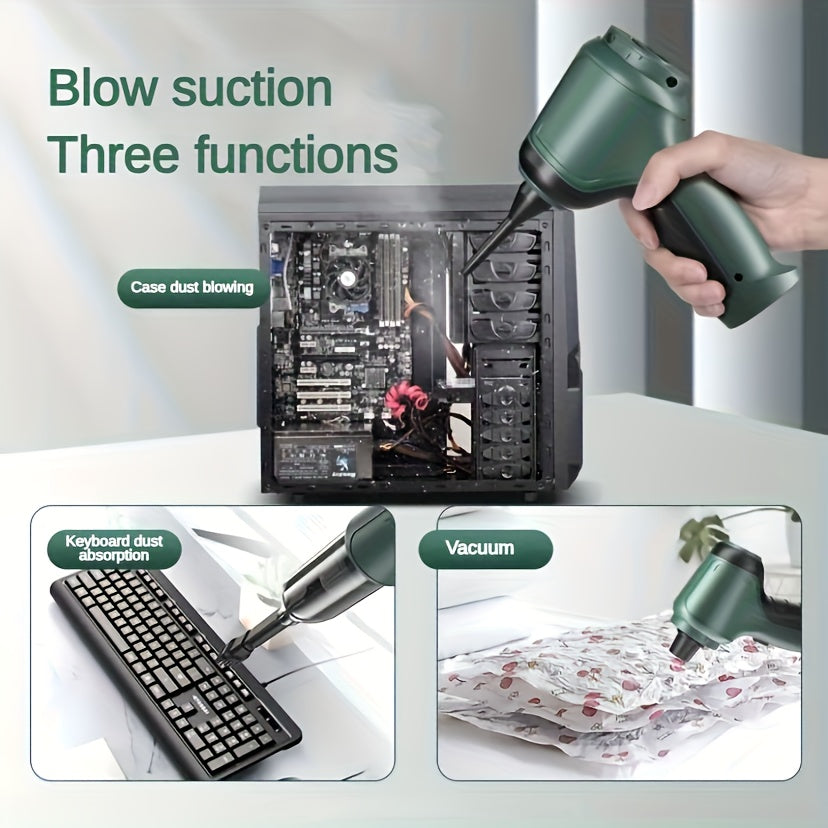 A Three In One Wireless Vacuum Cleaner with A High Power, Which Can Be Used for Suction, Air Extraction, And Blowing, Both In The Car And At Home. It Has An Extended Battery Life, Can Absorb Dust, Debris, Pet Hair, Air Extraction, And Dust Blowing