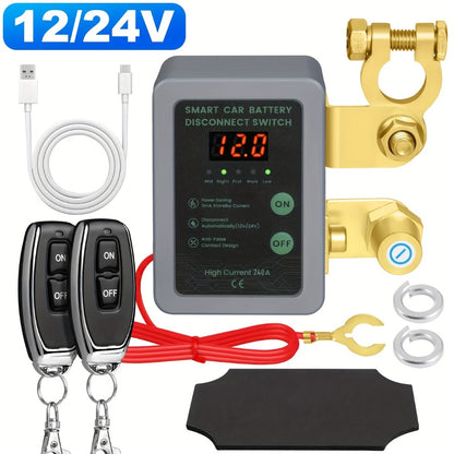 Car Battery Auto Power Off Switch with LED Voltage Display - 12V/24V Anti-Drain Protection, Low Voltage Alarm, 240A Remote Control Battery Disconnect