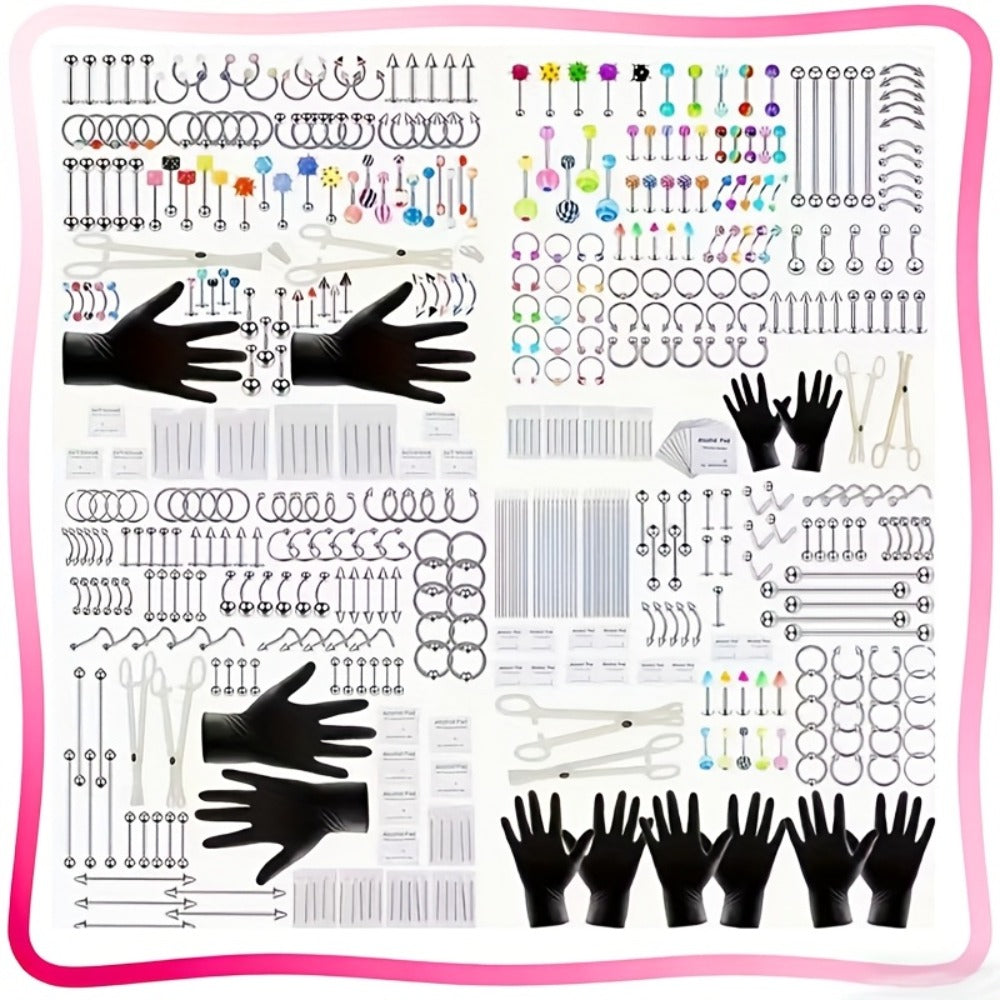 Piercing Kit Professional Stainless Steel Body Piercing Set with Needles Clamps & Tools — Complete DIY Home Piercing Supplies for Ear Nose Navel Lip Tongue Cartilage Septum