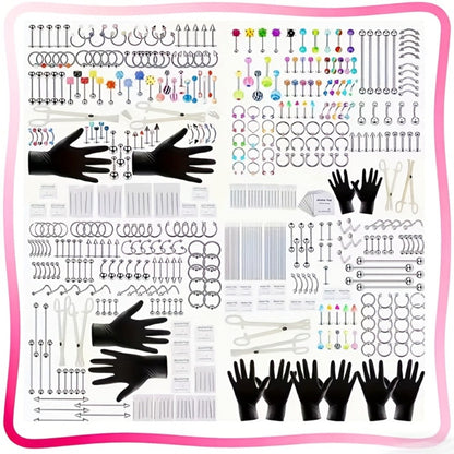 Piercing Kit Professional Stainless Steel Body Piercing Set with Needles Clamps & Tools — Complete DIY Home Piercing Supplies for Ear Nose Navel Lip Tongue Cartilage Septum