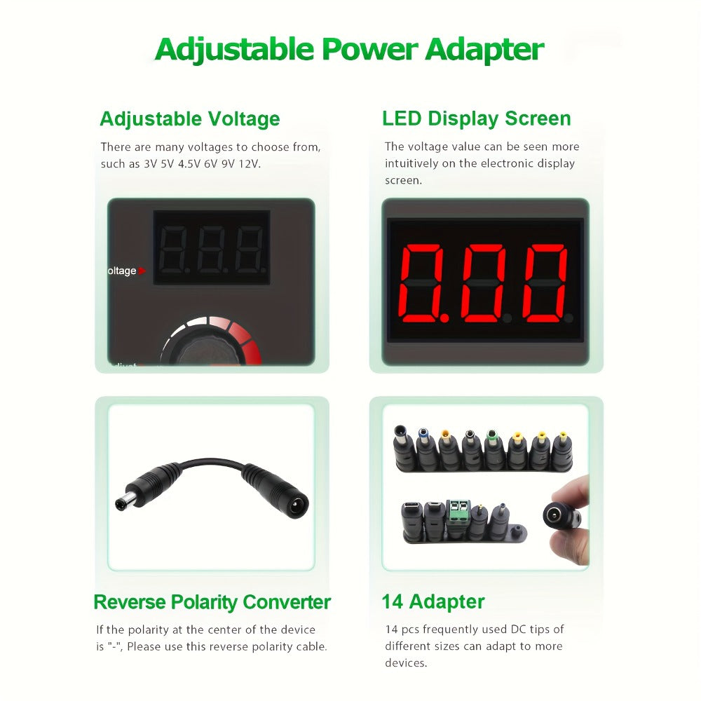 Adjustable AC to DC Power Adapter 72W - 3-24V Variable Power Supply with LCD Voltage Display, Knob Control, 15 Interchangeable Tips, Overvoltage & Short Circuit Protection, 100-240V Universal Input