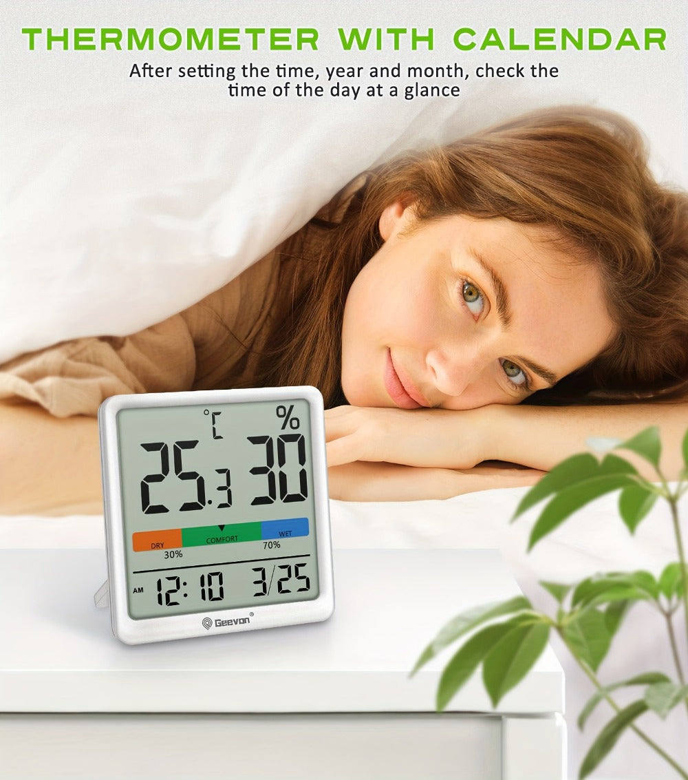 Indoor Thermometer Hygrometer Digital | Accurate Temperature Humidity Monitor with Clock & Calendar | Desktop Room Humidity Gauge for Home Office Bedroom Baby Room