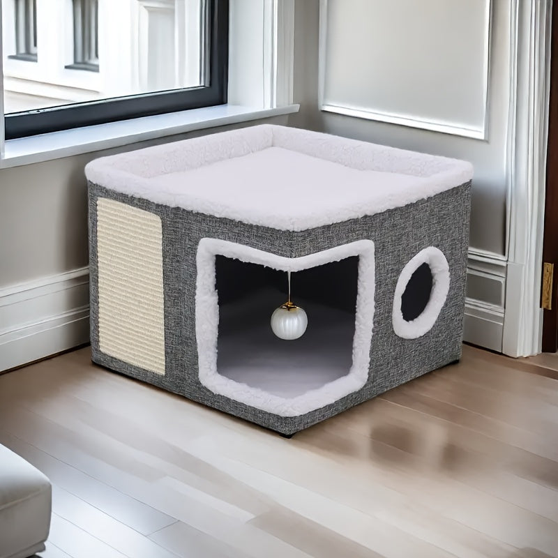 Cat House Foldable Multi-Layer 2-Tier Bed Toy Tunnel Scratching Post Plush Hanging Ball Canvas Nylon Frame All-Season Indoor Cat Cube Enclosure Gray Classic