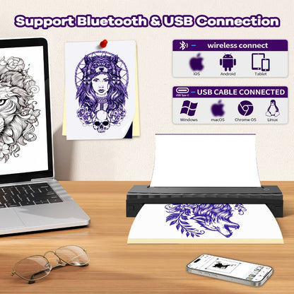 Tattoo Stencil Printer D80 - Wireless Bluetooth Thermal Printer for Tattoo Transfer Paper & A4 Office Printing, Portable Inkless Printer Compatible with iOS Android Laptop Phone Tablet