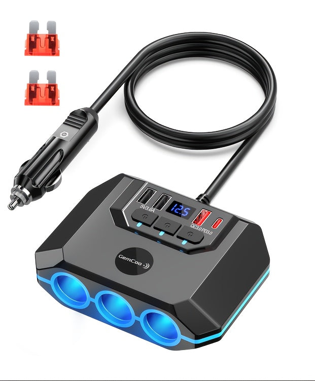 QC3.0 Car Lighter Socket Splitter Upgrade, 120W, Featuring 3 Sockets And 4 USB Ports with Dual PD 36W/QC3.0 Rapid Charging, LED Voltmeter, Individual Switches, 30-Inch Cable, Compatible with 12V-24V Vehicles