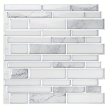 Peel and Stick Backsplash Tile Stickers 10-Sheet - White Marble Self Adhesive Wall Tiles for Kitchen & Bathroom, No Grout DIY Stick On Tiles | Heat & Moisture Resistant, Easy Install Backsplash